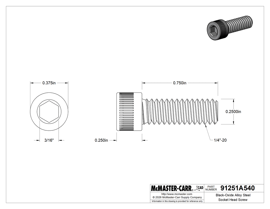 Technical Drawing of Black-Oxide Alloy Steel Socket Head Screw, 1/4"-20 Thread Size, 3/4" Long.